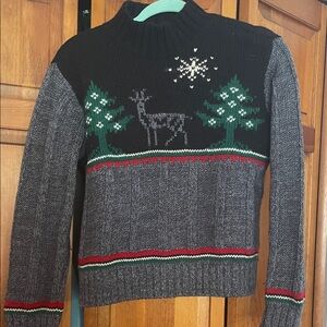 Liz Claiborne Black and Gray Sweater with Deer and Tree Motif